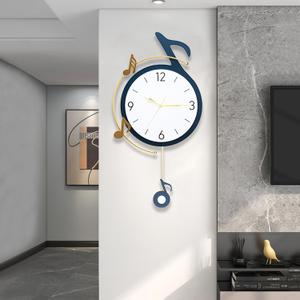 Decorative Quartz Wall Clock with Pendulum, Battery Operated, Music Note Art for Living Room, Kitchen, Home, Bathroom, Bedroom Decor, 12.6x22 Inch (688-navy Blue)