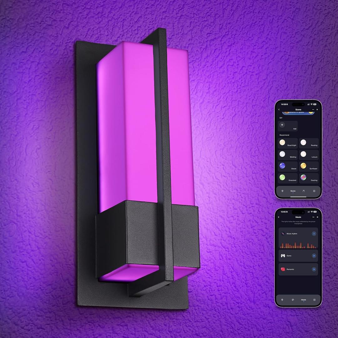 Smart Outdoor Wall Lights 3000K-5000K, Modern RGBCW Porch Lights Outdoor, Acrylic Glass Exterior Lighting for House, Patio, Garage, Yard (Black1)