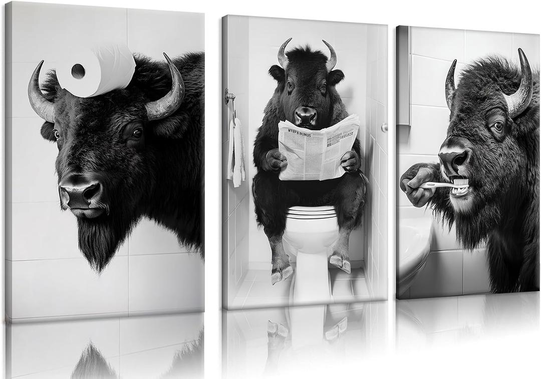 Funny Bison Bathroom Wall Art - 3 Piece Black and White Buffalo on Toilet Canvas Prints, Humorous Animal Pictures for Restroom Decor, 16x24 Inch Framed, Unique White Elephant Gift