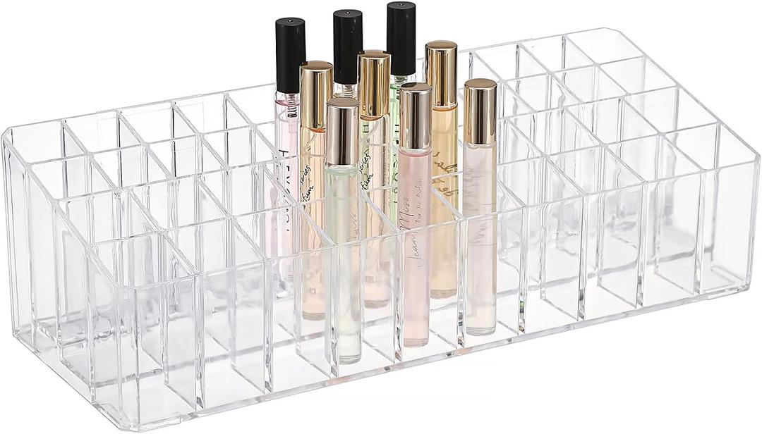 ELLDOO Rollerball Perfume Organizer, 44 Spaces Clear Acrylic Perfume Storage Holder Beauty Scent Holder, Essential Oil Storage Holder Organizer, Makeup Lipgloss Lipstick Display Case