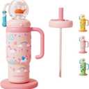 Stainless Steel Whale Fountain Tumbler with Handle, Drinking Cup with Whale Squirt, 24oz Whale Water Bottle Two Silicone Soft Tip, Leak-Proof Whale Fountain Tumbler for Kids Teens Adults (A-Pink)