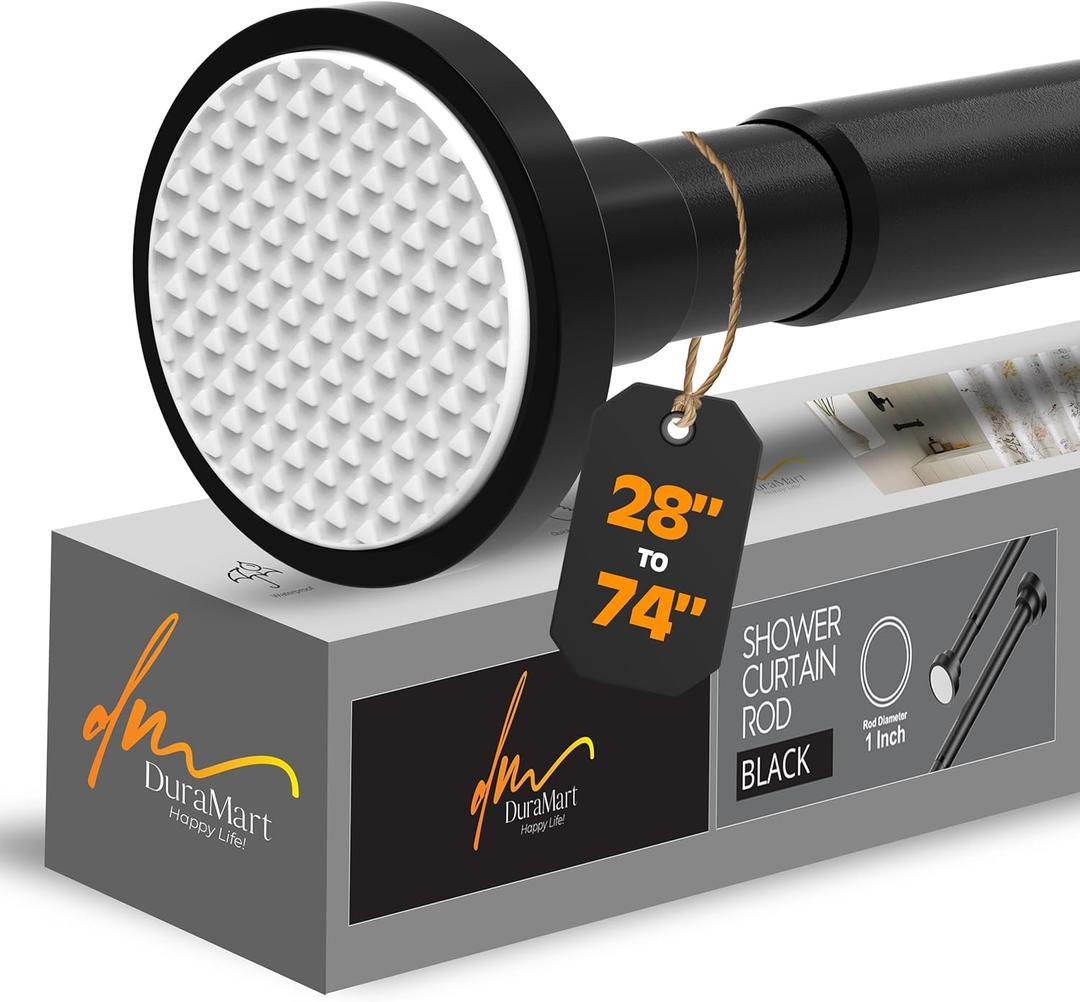Black Shower Curtain Rod Spring Tension, Stainless Steel Tension Curtain Rods No Drilling Required, Rust Free Shower Rods for Bathroom, Non-Slip Shower Tension Rod, Adjustable Curtain Rod (28 - 74)