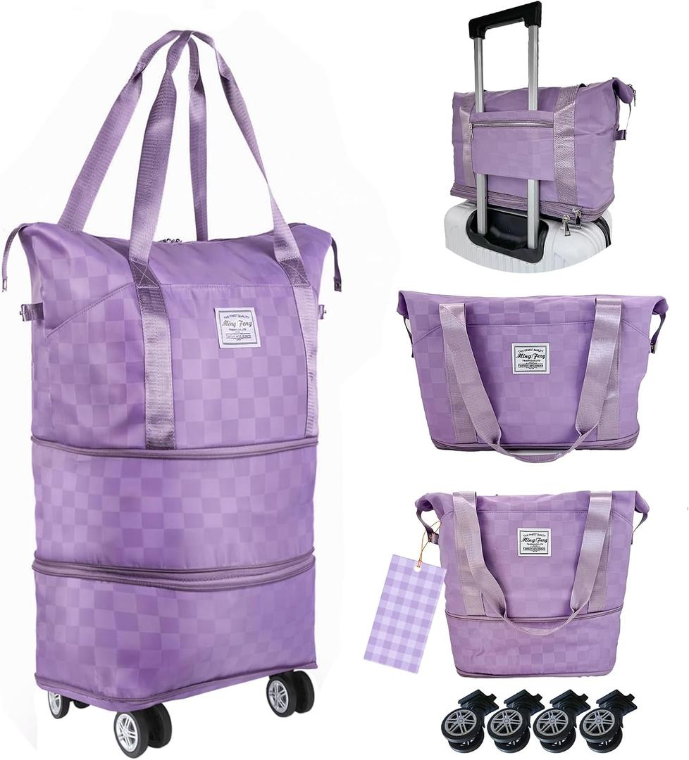 Expandable foldable duffel bag suitcase, detachable rolling wheels,carry-on large duffel bag,luggage bag,suit gym,camping,travel or business trip,Gift for wife and parents-Checkerboard(PURPLE)