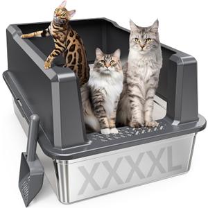 XXXL Stainless Steel Cat Litter Box with High Sides, 28" L x 20" W x 14" H Extra Large Litter Box for Big Cats and Multiple Cats, Enclosure Cat Litter Pan with Anti-Urine Leakage, Easy Clean (Grey)