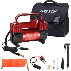 GSPSCN 6X Faster Inflation Tire Inflator Heavy Duty Double Cylinders with Portable Bag- Car AccessoriesMetal 12V Air Compressor Pump 150PSI with Adapter for Car, Truck, SUV Tires, Dinghy, Air Bed (Red)