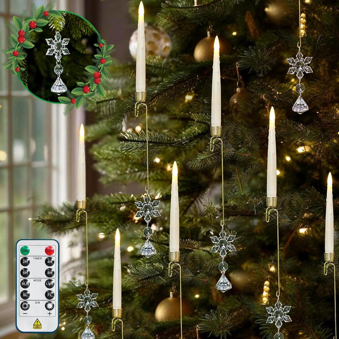 16 PCS Christmas Tree Candle Lights with Acrylic Snowflakes + Diamonds Flameless LED Taper Candles with Remote for Xmas Party Decor (16 Pcs, Ivory)