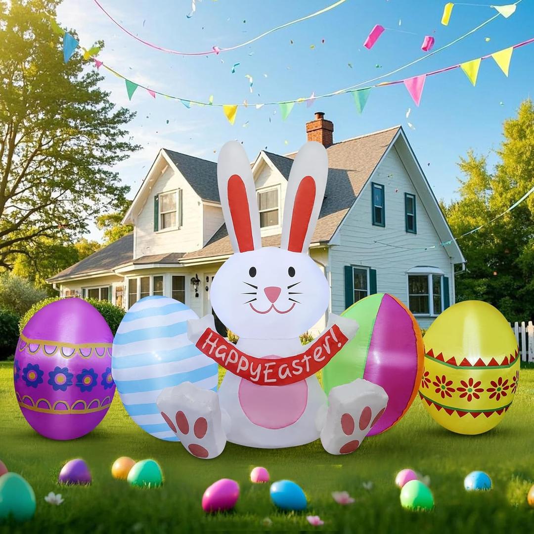 DR.DUDU Easter Inflatables Outdoor Decorations, 7 FT Long Easter Bunny with Eggs, Happy Easter Decorations, Easter Blow up Yard Decorations for Garden Lawn Holiday Party