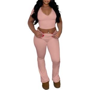 Lybiogs Pajamas Sets for Women 2 Piece - Sexy Two Pc Outfits Short Sleeve Crop Tops Fold Over Pants Loungewear Pjs Pink S (Pink, S)