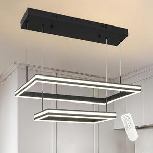 2 Ring Black Modern Led Chandelier Dimmable Rectangular Modern Chandelier Led Pendant Light Adjustable Ring Light Contemporary Light Fixtures for Living Room Dining Room Kitchen