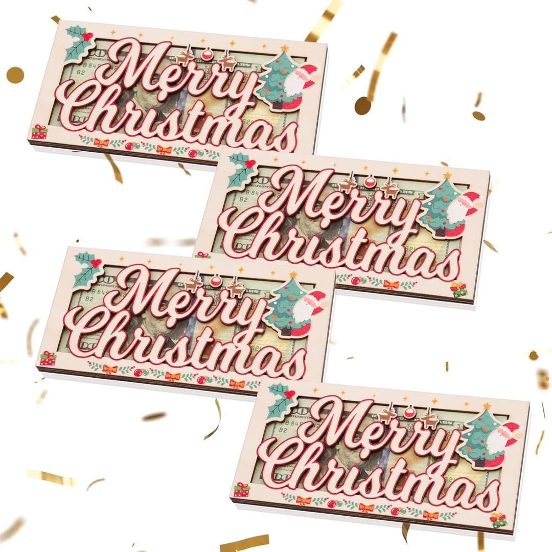 Christmas Money Holder for Cash Gifts 4Pcs - Wooden Christmas Money Holders for Cash - Xmas Decorations Gifts for Kids Women Men Friends Family