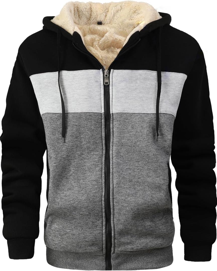 Men's Winter Heavyweight Jacket Thermal Fleece Jackets Full Zip Sherpa Lined Warm Thick Coats (X-Large, Black Light Grey Dark Grey)