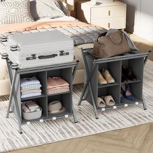 Aboxoo 2 Pack Luggage Rack with storage, Guest Room Folding Suitcase Stands, Holds up to 120 lb, Space Saving Suitcase Holders for guest room, Bedroom Hotel, Grey