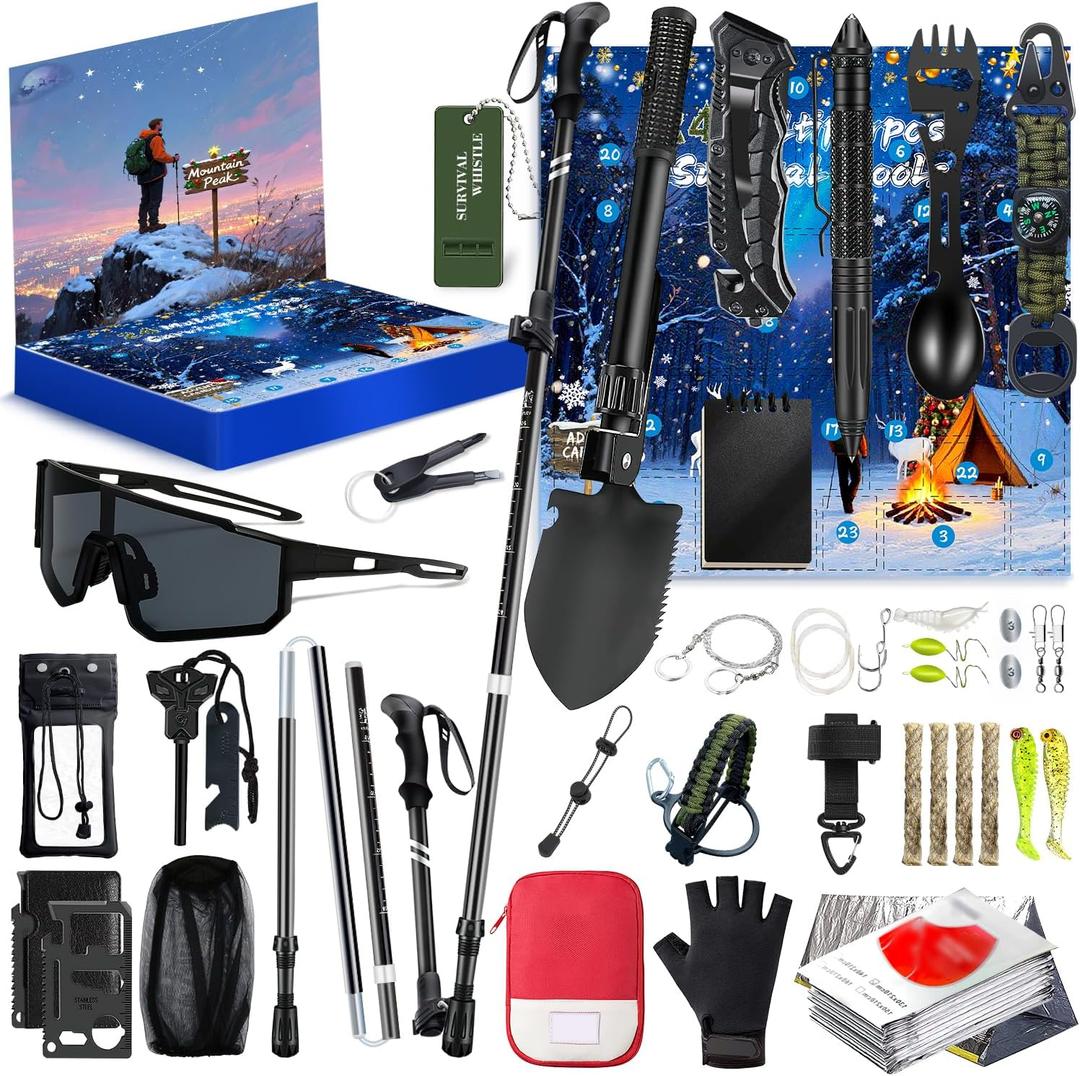 Advent Calendar Camping Outdoor Kit Christmas Countdown Gifts 24 Days of 24 Pcs Hiking Set for Men Dad Husband Who Likes Camping Outdoor Adventure