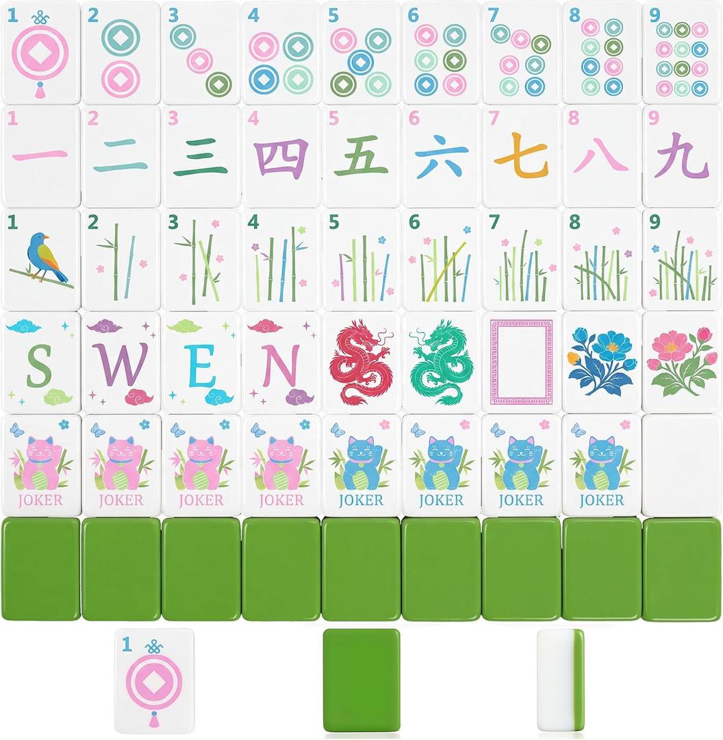 Oriental Theme Engraved American Mahjong Tile Set Melamine (1.2 Inch, Tiles Only) Lucky Cat Mini American Mahjong for Adults Women Family Party Travel Game Ideal Gift(Green)