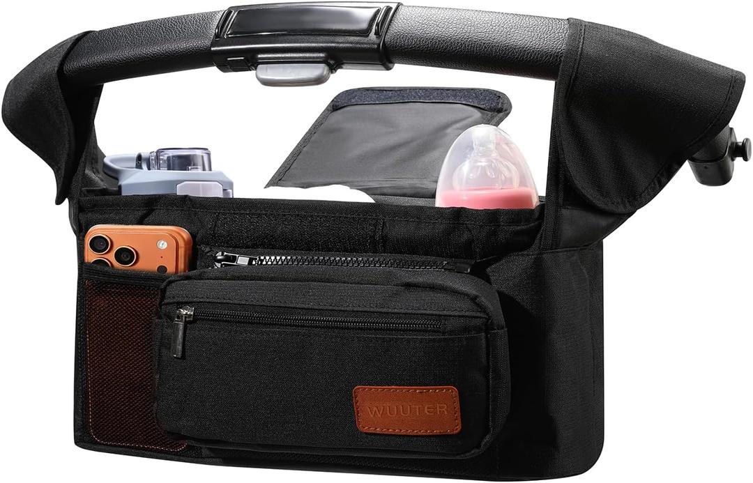 Universal Stroller Organizer with Insulated Cup Holder and Removable Wrist Strap Large Capacity Stroller Organizer for Mom, Baby Joggers, Uppaby, Britax, BOB, Umbrella and Pet Stroller (Black)