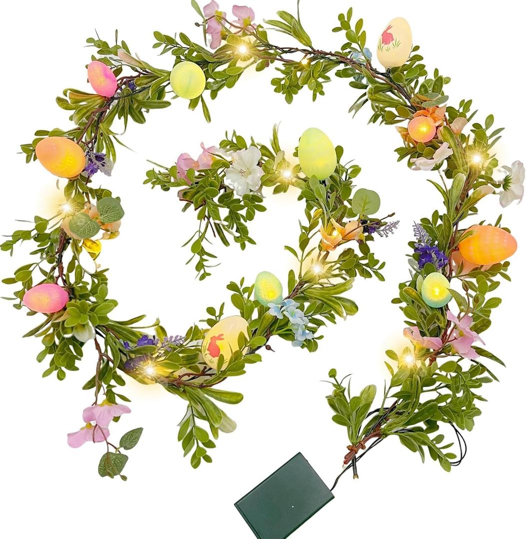 6FT Easter Garland for Mantle, Spring Garland with Eggs Flowers, Lighted Faux Greenery with Timer for Summer Fireplace Outdoor Decorations (6FT-flower)