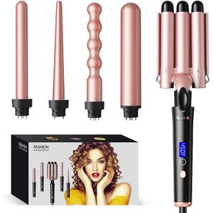 Bo'laiya 5 in 1 Curling Wand Set with Temperature Display, Curling Iron Set with 5 Interchangeable Ceramic Curling Wands, Instant Heat Up, Suitable for All Hair Types (Rose Gold)