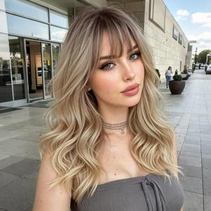 XIXIBI Blonde Wigs with Bangs, Beginner Friendly 4x4 Realistic Scalp Layered Curly Wavy Synthetic Wigs for Women, Ombre Blonde Free Parting Heat Resistant Wig for Daily Party Use 18Inch
