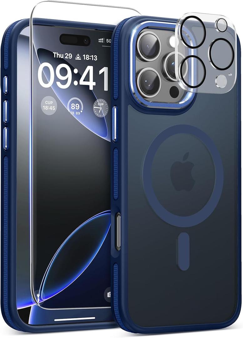 Magnetic 3 in 1 for iPhone 16 Pro Case, [Omni-Directional Protection] with 1x Screen Protector + 1x Camera Cover, [Seamless Work with Magsafe] Shockproof Slim Thin Matte Case for iPhone 16 Pro Blue