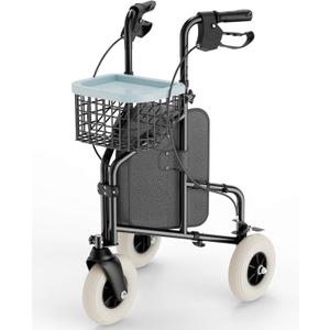 HOMLAND 3 Wheel Walkers for Seniors, FSA/ HSA Eligible Foldable Wheeled Rollator Walker with Wire Basket and Tray, Lightweight Three Wheel Rolling Walker Height Adjustable for Seniors