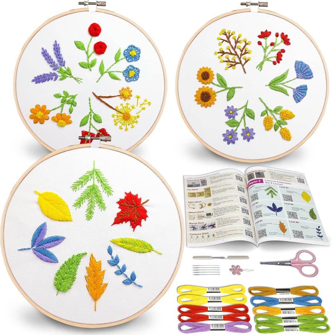 Bradove 3 Sets Leaves and Flowers Embroidery Kit for Beginners, Beginner Embroidery Kit for Adults, Learn to Embroider Kit Adult Beginner, Stitches Kit