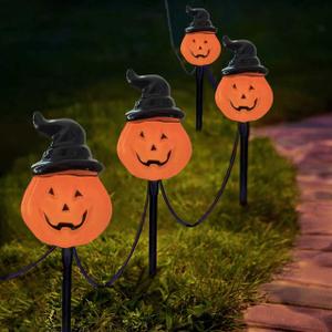 Halloween Pumpkin Pathway Lights,4 Pcs Jack-o-Lantern Stake Lights with C7 Bulbs,7Ft Extendable Pumpkin Markers Light for Outdoor Halloween Lawn Yard Patio Walkway Driveway Party Decor