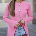 Saodimallsu Womens Ribbed Long Sleeve Sweater Tops Button Up Crewneck Slim Fitted Cardigans Sexy Going Out Knit Shirts (Pink)