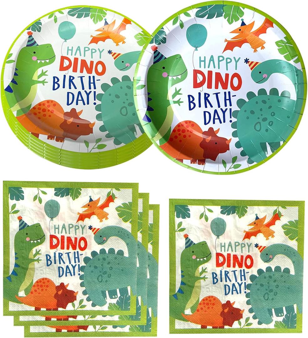 Watercolor Dinosaur Birthday Party Supplies, 20 Plates and 20 Napkin, for Dinosaur Theme Birthday Party Decoration for Boys Kids