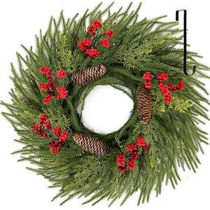 24 Inch Artificial Christmas Wreaths for Front Door, Large Winter Green Pine Wreath with Red Berries and Hangers, Real Touch Door Wreath for Wall Window Fireplace Indoor Outdoor Home Decor