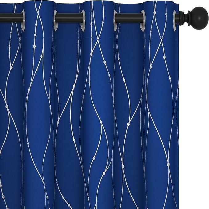 Deconovo Royal Blue Blackout Curtains, Living Room Curtain, Thermal Insulated Soundproof Drapes, Branch Silver Print, 52 x 84 Inch Long, Grommet Panels for Bedroom Office Nursery Home Decor, Set of 2