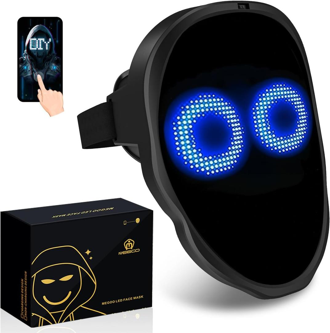 MEGOO Led Mask with Bluetooth Programmable App, Shining Led Light Up Face Mask for Adult Kid Halloween Masquerade Party