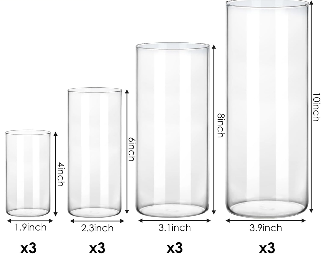 Fixwal 8pcs Clear Glass Cylinder Flower Vases, 4, 6, 8, 10 Inch Tall Cylinder Vases for Centerpieces, Glass Flower Vase Floating Candle Holder Vase for Table Shelf, Party, Wedding, Home Decor