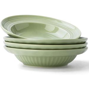 Wide Rim Soup Bowls, 11oz Small Capacity Rimmed Pasta Bowls Set of 4, 8 Inch Ceramic Salad Bowl, Shallow Plates, Elegant Dinner Cereal Serving - Microwave Dishwasher Oven Safe - Green