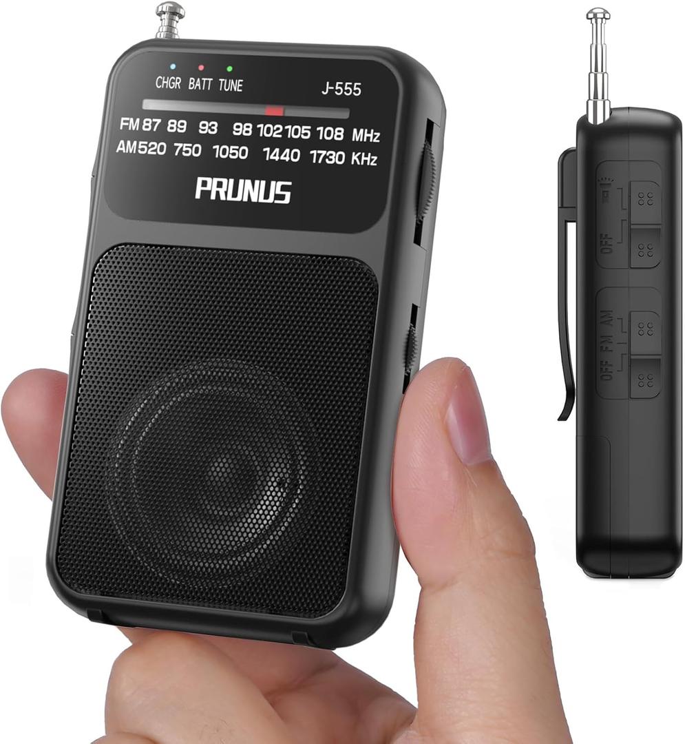 PRUNUS J-555 Pocket Radio AM FM USB-C Charging& Battery Operated, Excellent Reception& Clear Speaker and Headphone Jack, Back Clip, Flashlight, Transistor Radios, Portable Radios AM FM, Mini Radio