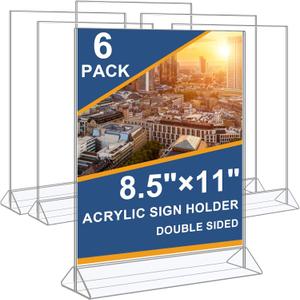 Enayplon Acrylic Sign Holder 8.5 x 11, Double Sided Sign Holder Stand, Plastic 6 Pack Table Paper Stand, Vertical Menu Flyer Stand, T Shape Table Flyer Holder