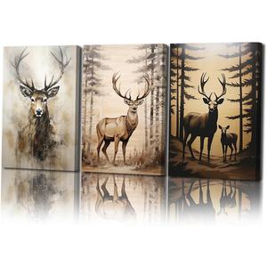 3 Piece Deer Canvas Wall Art Forest Elk Picture Wall Art Animal Wildlife Woodland Painting Prints Living Room Decor Framed(Animal-2,16x24inchx3 Pieces (40x60cmx3 Pieces))