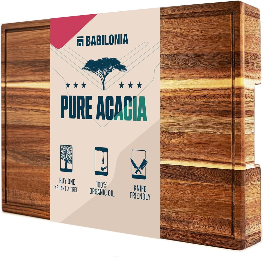 Acacia Wood Cutting Board for Meat, Cheese, Charcuterie Board (ExtraThick 1.6"). Premium Quality Butcher Block. Heavy Duty Edge Grain Large Chopping Board with Handle (Oil bottle & Plate included)