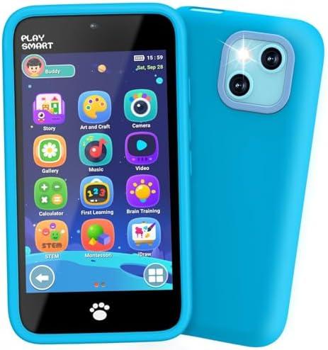 MOMILLA Kids Toys Smart Phone, Dual Camera with Stickers, 3.97" Touchscreen, 200+ Educational Puzzle Games, Learning Toys with Parental Control for Ages 3-8, Birthday Gift Christmas, Blue