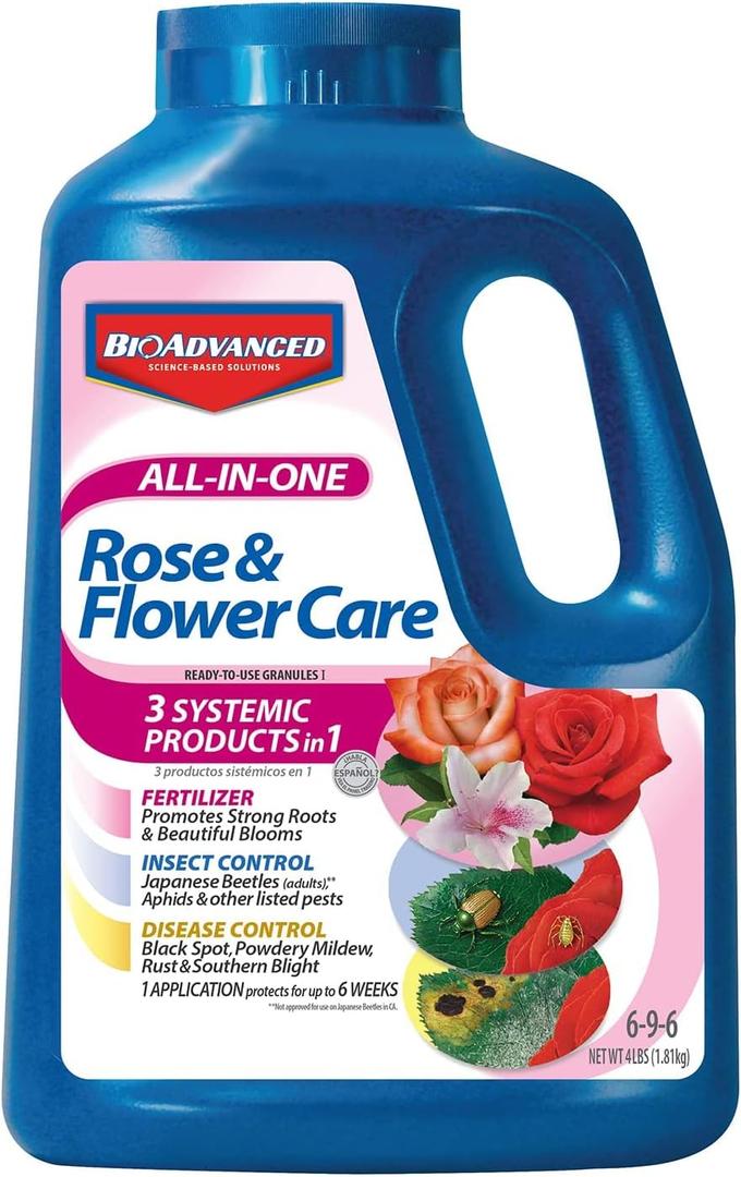 BioAdvanced All-In-One Rose and Flower Care I Granules - Fertilizer, Insect Control & Disease Control - Prevents Pests and Diseases - Up to 6 Weeks Protection - 4 lb Bottle