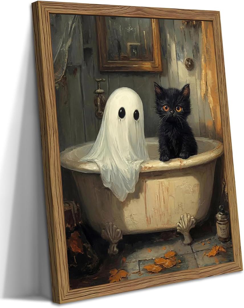 Vintage Halloween Bathroom Wall Art, Cute Ghost Black Cat Bathtub Canvas Wall Decor Painting, Spooky Halloween Artwork Prints Pictures for Bedroom Restroom Bathroom 12x16 Inch Wood Framed