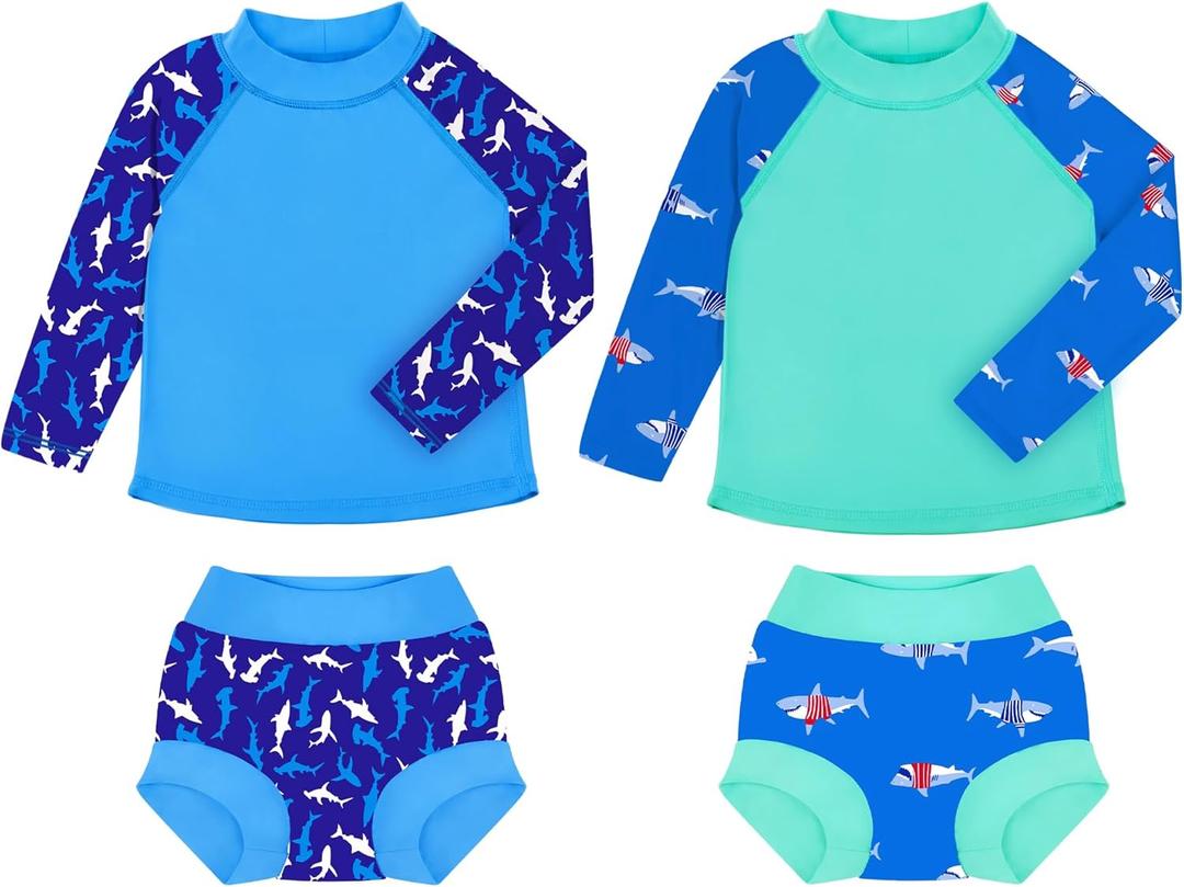 BIG ELEPHANT 2 Pcs Rash Guard Swim Diapers Sets for Unisex Baby, Boys Girls Long Sleeve Swimsuit with UPF 50+ Sun Protection (Blue)