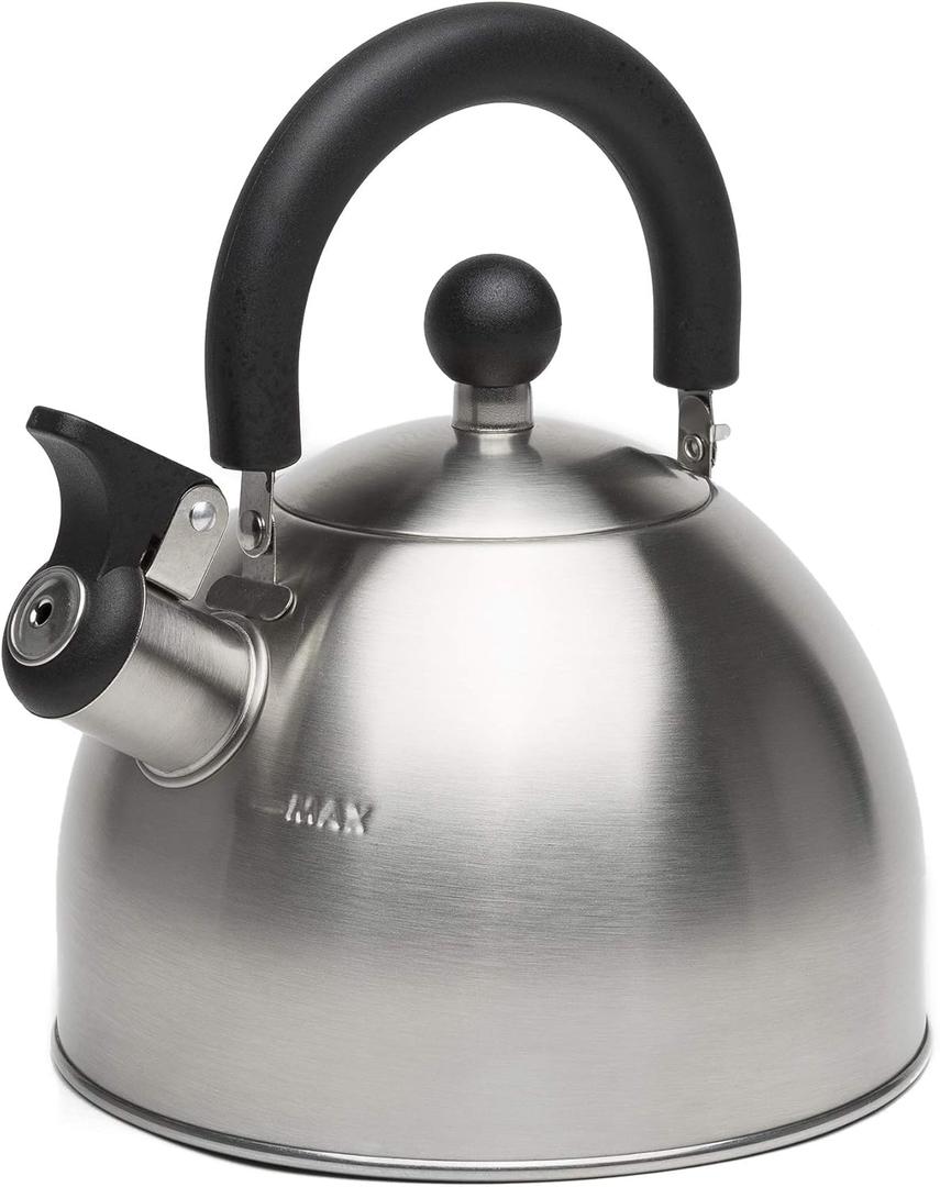 Primula Stewart Whistling Stovetop Tea Kettle Food Grade Stainless Steel, Hot Water Fast to Boil, Cool Touch Folding, 1.5Quart, Brushed with Black Handle