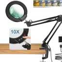 Coyeth 10X Magnifying Glass with Light and Clamp, Real Glass Stand Lighted Magnifier, 5 Color Modes Stepless Dimmable LED Desk Lamp Hands Free for Crafts Hobby Reading Painting Sewing Close Work (Black)