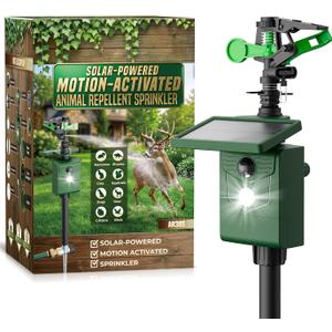 Motion Activated Animal Repeller with Water Sprinkler, Deer Repellent Devices Solar Powered, IP65 Waterproof Cat Repellent Outdoor with Flashing Light, Deter Deer Foxes Skunks Raccoons from Garden