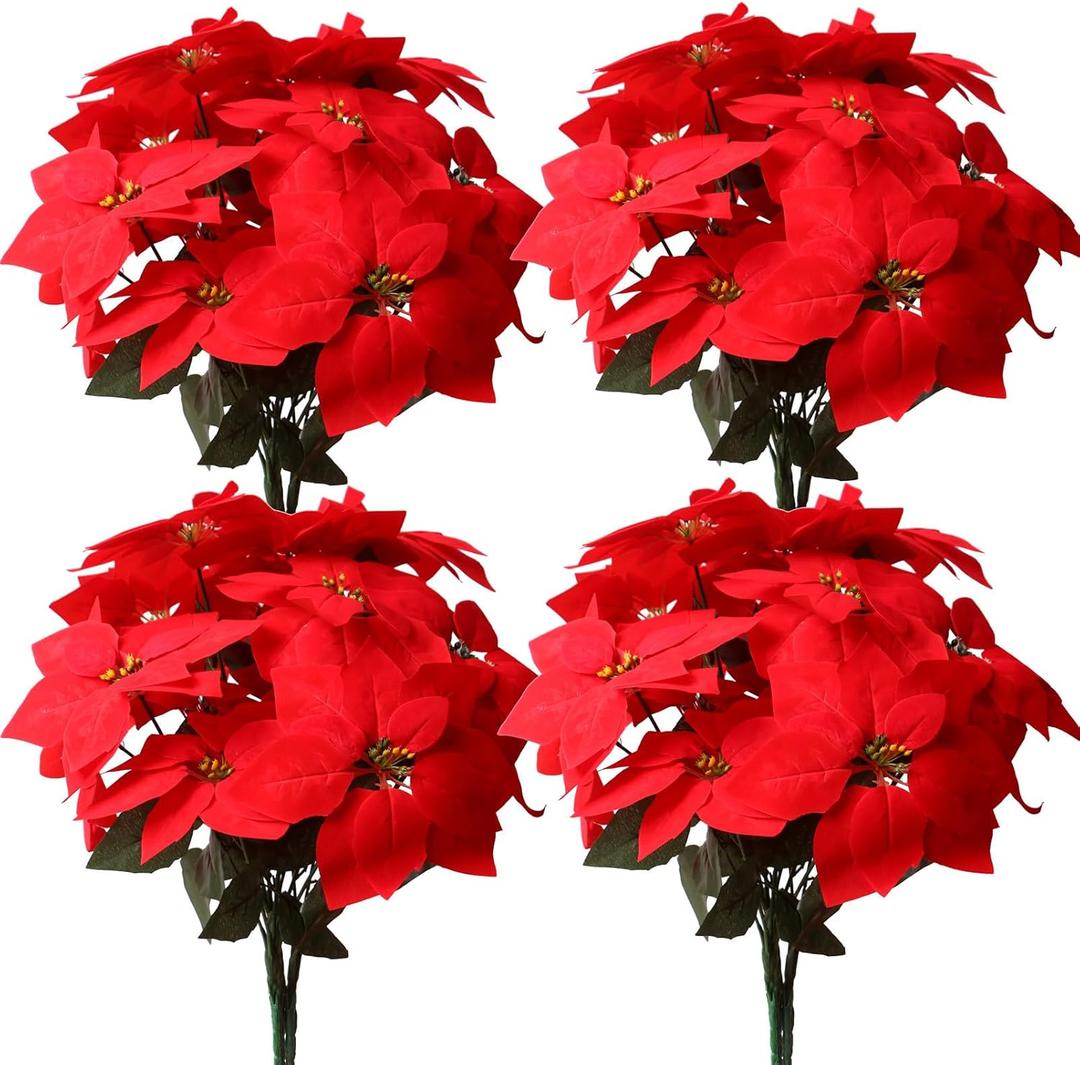 8 Pack Bulk Christmas Artificial Poinsettia Flowers Stem Bouquets Outdoors with 40pcs 8.2 Inch Red Poinsettia Flowers Heads for Christmas Tree, Xmas Garland, Vase, Window Box, Porch Decorations