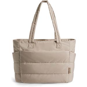BAGSMART Tote Bag for Women, Lightweight Puffy Tote Bag with Compartments Quilted Shoulder Bag Handbag for Travel, Work, Gym (Standard Size, C-standard Size-grayish Brown)