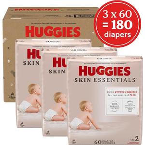 Huggies Size 2 Diapers, Skin Essentials Baby Diapers, Size 2 (12-18 lbs), 180 Count (3 Packs of 60)