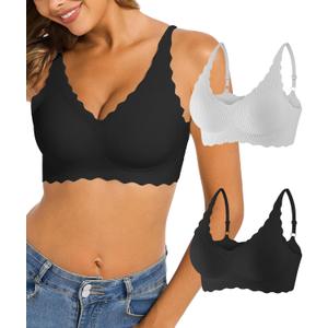 Padded Bralettes for Women Pack Seamless Bras Full Coverage Wireless Bralette Ribbed V Neck Comfort Tshirt Bra Set (Large, Black + Gray)