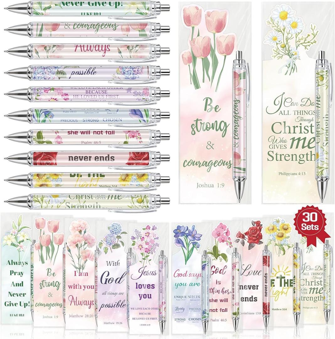 30 Sets Christian Bible Verse Pens Gifts Bulk with Bookmarks Inspirational Scripture Pens Religious Ballpoint Pen with Black Ink Floral Design for Prayers Women Church Gifts (Floral)
