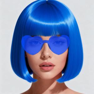 Short Bob Wigs with Heart Sunglasses and Hair Cap  Set of 3 | Colorful Colored Neon Wig Funny Cosplay Hairpieces for Halloween Party Costume (Blue)